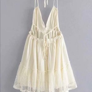 Beige white lace babydoll halter tie dress medium